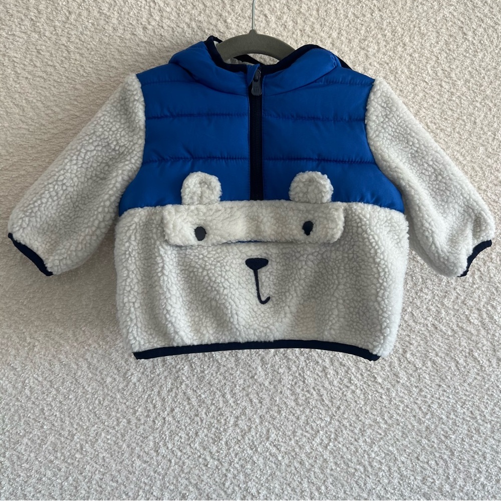 GAP Baby Infant Sherpa Pullover Hoodie Bear Blue White Size 0-6‎ Months